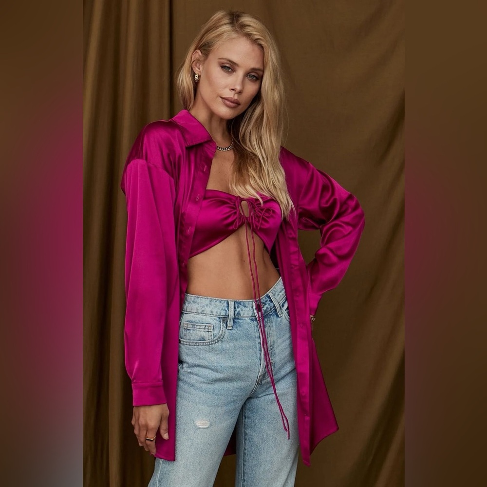 12th Tribe St. Barths Two-Piece Satin Bralette & Button Up Shirt Set in Fuchsia